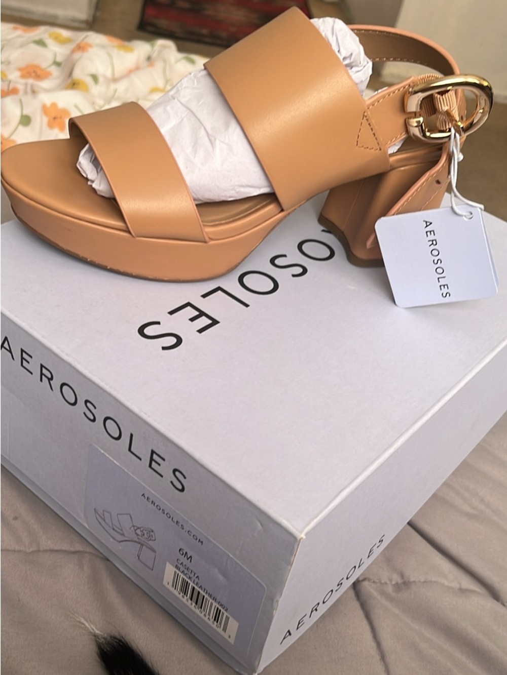 AEROSOLES Peach-Tan Block Heel Slide Sandals